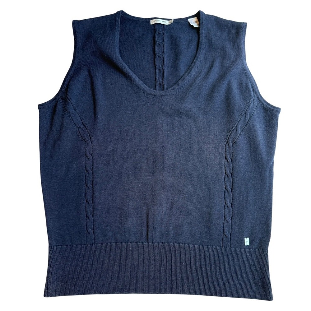 Green Lamb Navy Blue Cable Knit V-Neck Sweater Vest Womens Large Golf Preppy